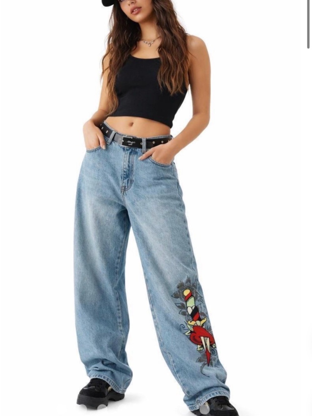 Ed Hardy Tattoo Embroidered Wide Leg Jeans Dagger Hearts 26